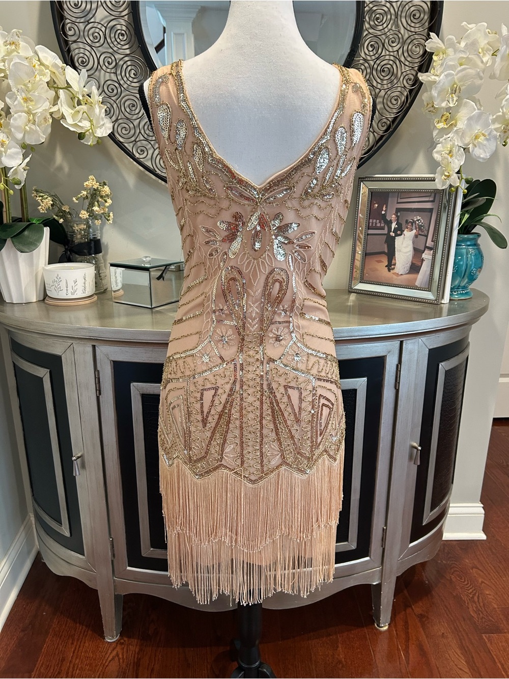 Vintage-Inspired Beaded Fringe Mini Dress in Blush Pink - Picture 6 of 14